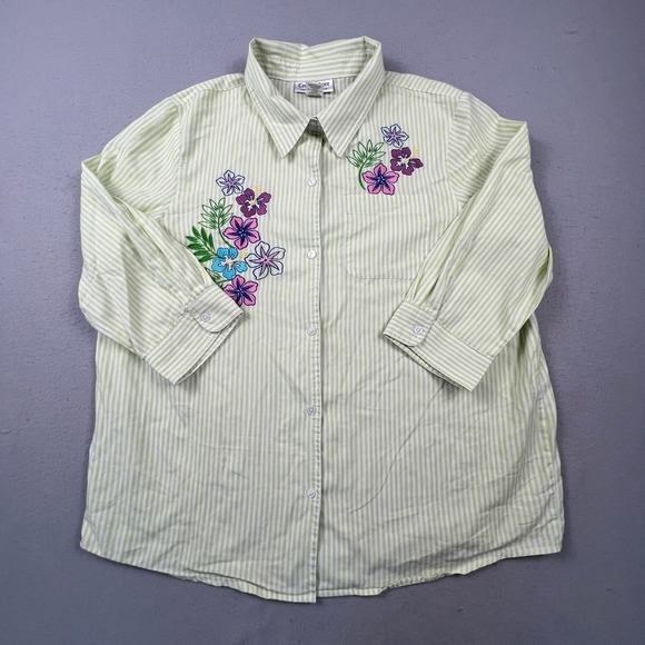Country Store Tops - Country Store Button‎ Down Shirt Womens XL Green Striped Floral Embroidered Top